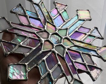 Snowflake! Shimmering Iridescent Stained Glass Suncatcher Home Decor © pewtermoonsilver