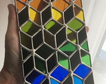 Rainbow Blocks! 3D Optical Geometric Stained Glass Suncatcher Panel Handcrafted Art by pewtermoonsilver