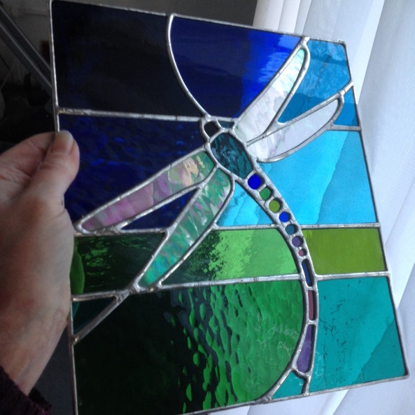 Betwixt Water & Air! Beautiful Dragonfly Stained Glass Panel - pewtermoonsilver