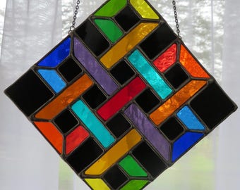 Eternal Knot! Rainbow Celtic Knot Stained Glass Suncatcher Panel - pewtermoonsilver