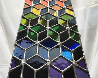 Tumbling Rainbow! by pewtermoonsilver Geometric 3D Effect Contemporary Real Stained Glass Hanging Suncatcher Panel