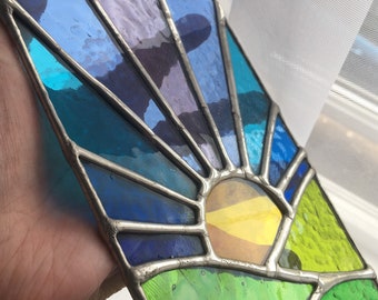 New Day! Sunrise Stained Glass Suncatcher, Blue Sky Green Hills © pewtermoonsilver