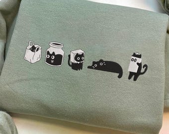 黒猫の刺繍クルーネック：猫のスウェットシャツ、面白い猫、猫好きへのギフト
