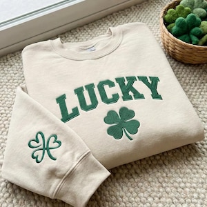 Womens Lucky Embroidered Sweatshirt, Cute Shamrock Shirt, Happy St Patricks Day Shirt, St Pattys Day Outfit, Irish Lucky Day Shirt