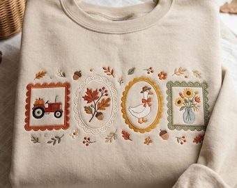 Embroidered Cottagecore Fall Sweatshirt, Cozy Season Crewneck, Autumn Floral Goose Shirt, Autumn Girly Gift