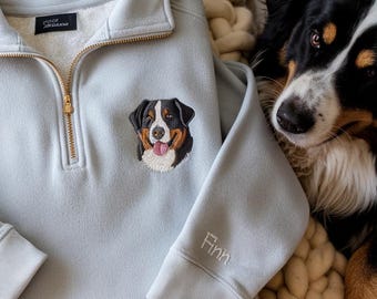 Custom Pet Portrait Embroidered Quarter Zip Sweatshirt: Embroidered Dog Cat Crewneck, Personalized Dog Memorial Gift
