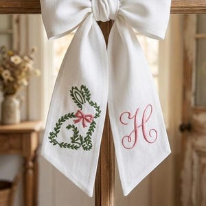Embroidered Greenery Bunny Embroidered Wreath Sash, Personalised Monogram Front Door Bow, Floral Bunny Sash, Spring Easter Door Decor image 1
