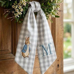 Embroidered Custom Monogram Easter Wreath Sash,Spring Toile Front Door Bow,Personalized Bunny Basket Bow With Name,Embroidered Holiday Decor