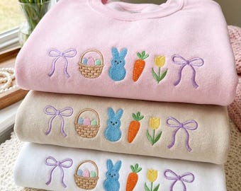 Embroidered Easter Coquette Bow Sweatshirt, Pastel Bunny Eggs With Bow Shirt, Easter Day Crewneck, Spring Easter Outfit, Gift for her