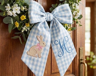 Embroidered Custom Monogram Easter Wreath Sash, Bunny Basket Bow With Name, Easter Seersucker Embroidered Sash, Spring Toile Front Door Bow