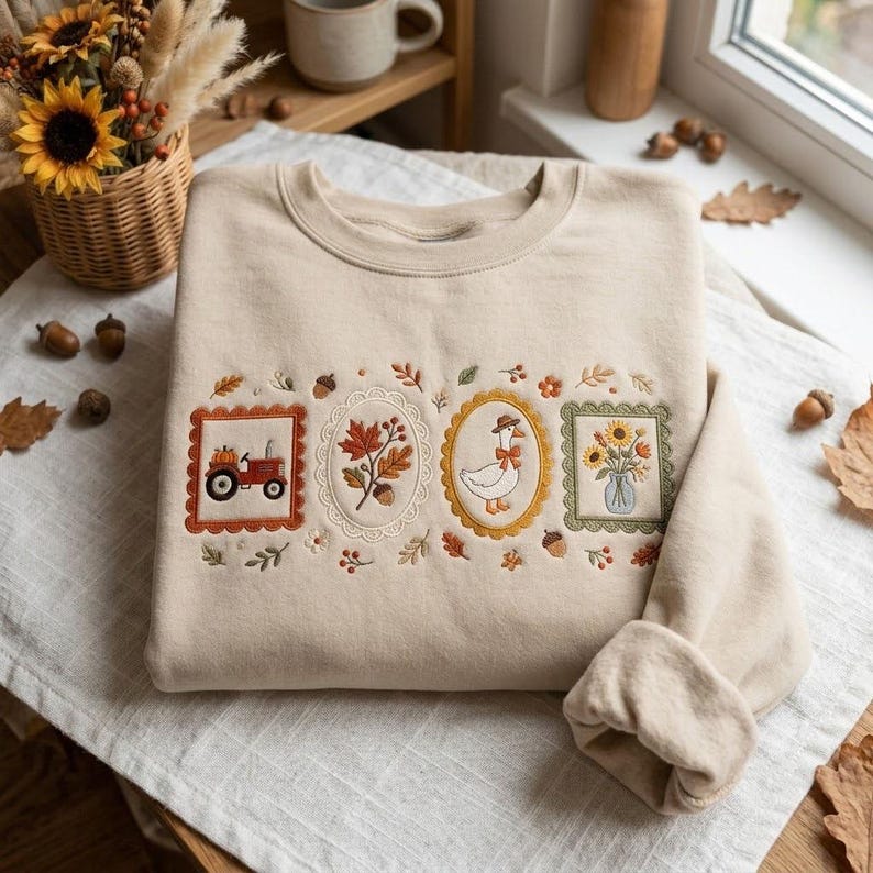 May include: A beige crewneck sweatshirt featuring four embroidered rectangular and oval frames across the chest. The designs include a red tractor with a pumpkin, autumn leaves with an acorn, a goose wearing a hat and scarf, and sunflowers in a vase.
