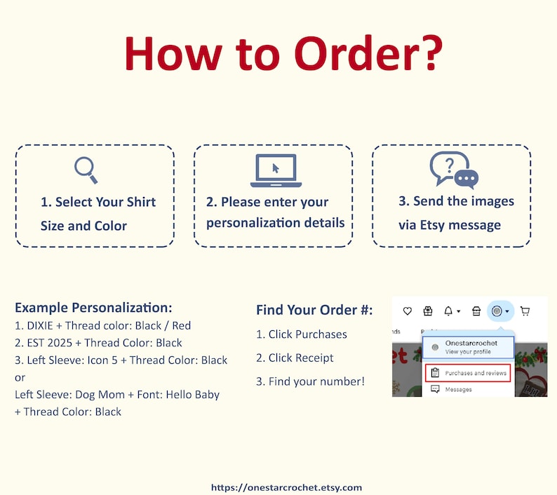 May include: An instructional graphic detailing how to order a shirt. It outlines steps such as selecting size and colour, entering personalisation details, and sending images via Etsy message. Examples and order number instructions are provided.