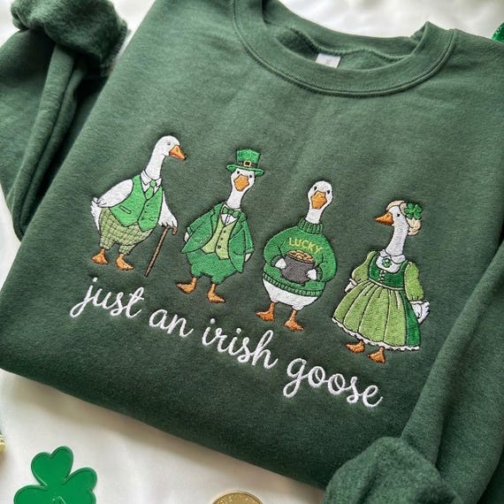 Embroidered St Patrick's Day Goose Sweatshirt, Silly Irish Goose Shamrocks Shirt, Funny Lucky Animal Shenanigans Tee, Irish gift for Her