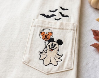 Comfort Colors Embroidered Mouse Ghost Balloon Shirt, Halloween Boo To You Pocket Tee, Magical Land Matching Party, Halloween Trip Gift