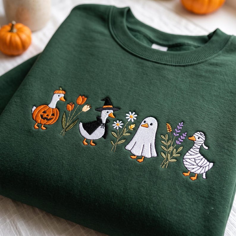 Embroidered Halloween Goose Shirt, Witch Ghost Pumpkin Goose Tee, Spooky Season Shirt, Fall Gift image 4