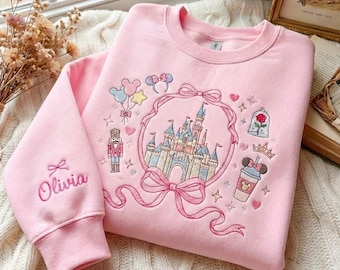 Coquette Bow Castle Embroidered Sweatshirt, Magical Castle Shirt, Magic Kingdom Tee, Holiday Vacation Shirt, Girls Trip Shirt