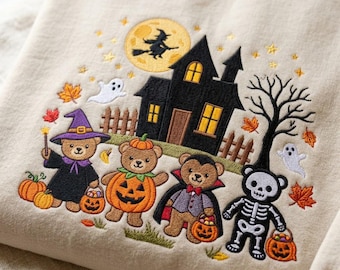 Embroidered Teddy Bears Halloween Sweatshirt, Haunted House Shirt, Vintage 90s Trick or Treat Crewneck, Pumpkin Lover Gift