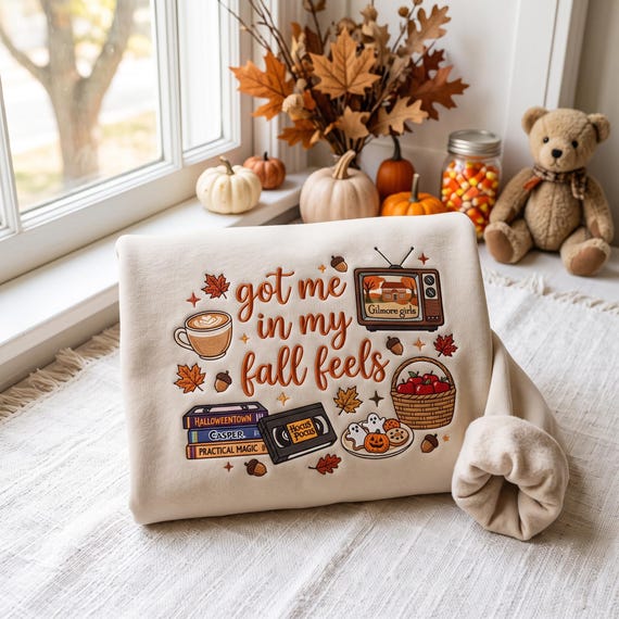Embroidered Got Me In My Fall Feels Sweatshirt, Pumpkin Spice Fall Coffee Shirt, Vintage Holiday Movie Inspired Crewneck, Fall Bookish Shirt