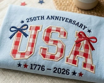 Embroidered 250th Anniversary Applique Shirt, Gingham USA Tee, 1776–2026 Patriotic Top, Semiquincentennial Gift