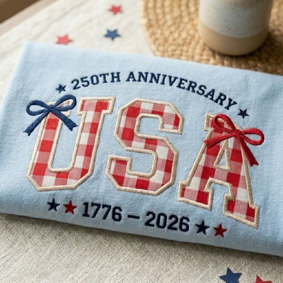 Embroidered 250th Anniversary Applique Shirt, Gingham USA Tee, 1776–2026 Patriotic Top, Semiquincentennial Gift