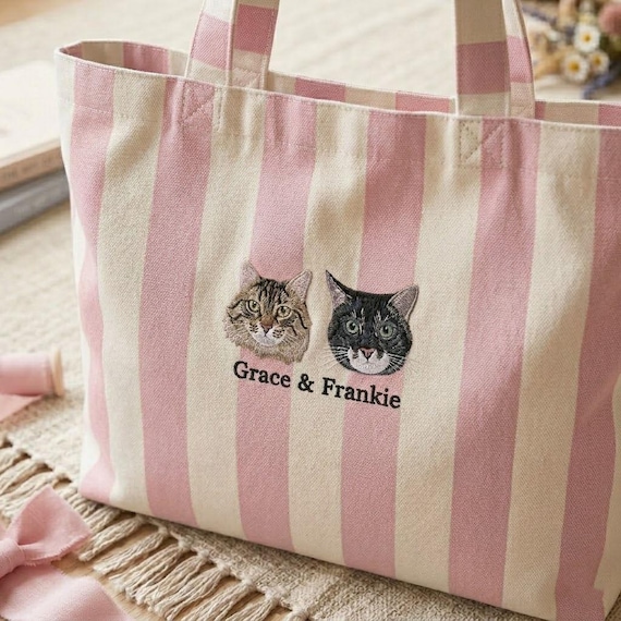 Embroidered Custom Pet Portrait Striped Tote Bag, Personalized Dog Tote Bag, Pet Bag, Dog Mom Gift