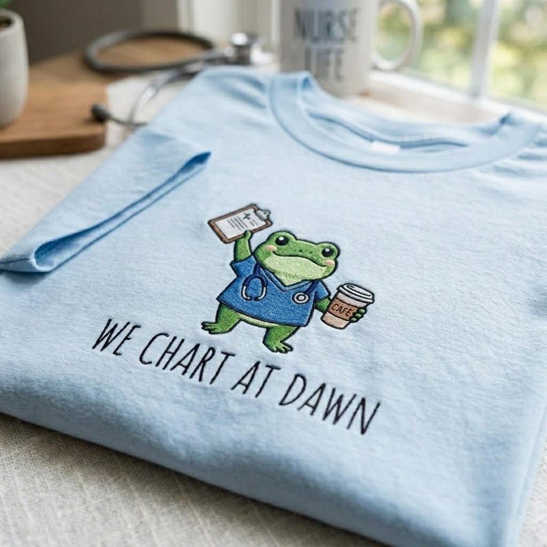 May include: Light blue t-shirt featuring an embroidered frog in a nurse's uniform, holding a clipboard and a coffee cup. The text "WE CHART AT DAWN" is below the frog. A mug that says "NURSE LIFE" is in the background.