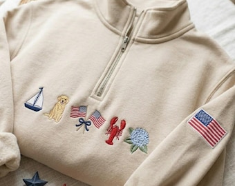 Embroidered Custom Summer Quarter Zip Sweatshirt, July 4th USA Shirt, Patriotic East Coast Crewneck, Patriotic Girly Gift