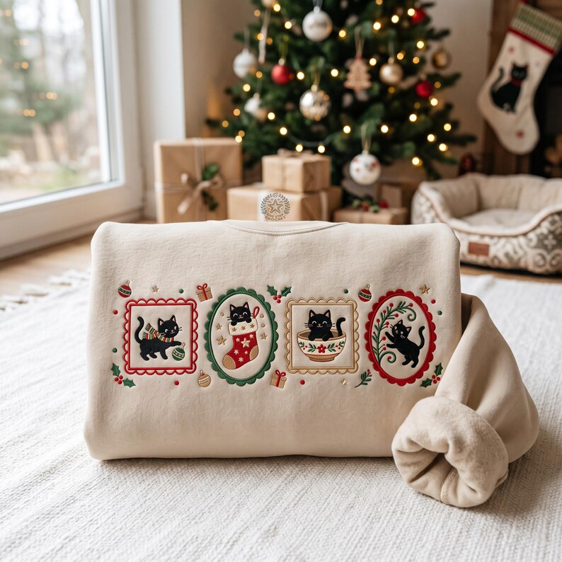 May include: A beige crewneck sweatshirt featuring four embroidered rectangular and oval frames containing black cats. The designs include a cat with a scarf, a cat in a Christmas stocking, a cat in a bowl, and a cat playing with greenery.