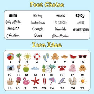 May include: A light blue graphic with the text "Font Choice" and "Icon Idea". The image displays various font styles and summer-themed icons, including a beach ball, palm tree, and sunglasses.