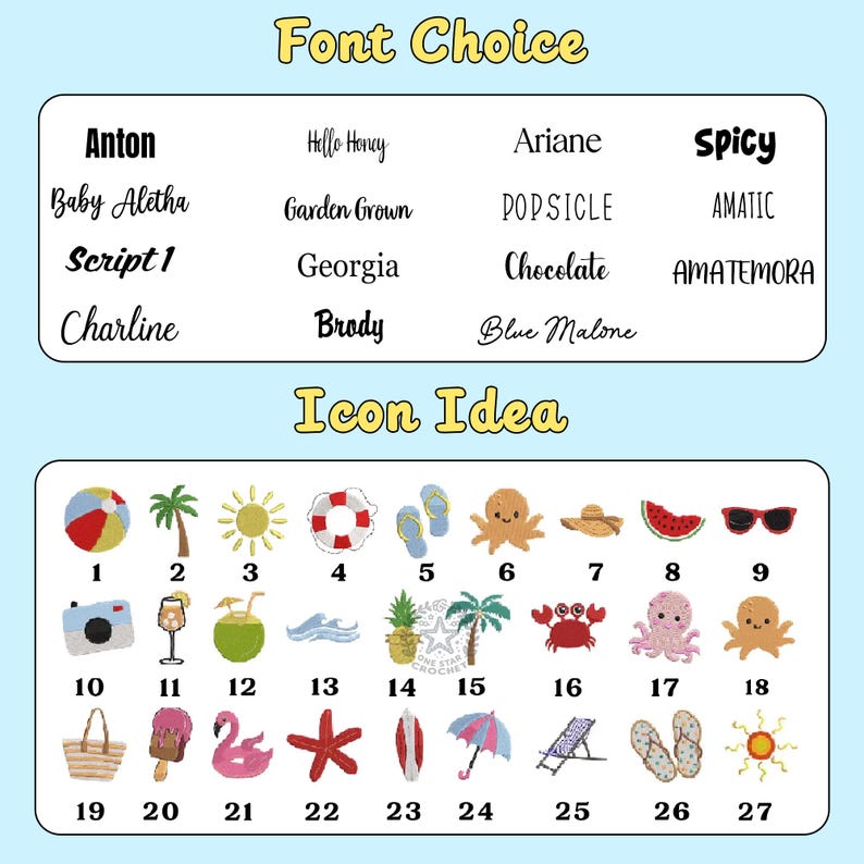 May include: A light blue graphic with the text "Font Choice" and "Icon Idea". The image displays various font styles and summer-themed icons, including a beach ball, palm tree, and sunglasses.