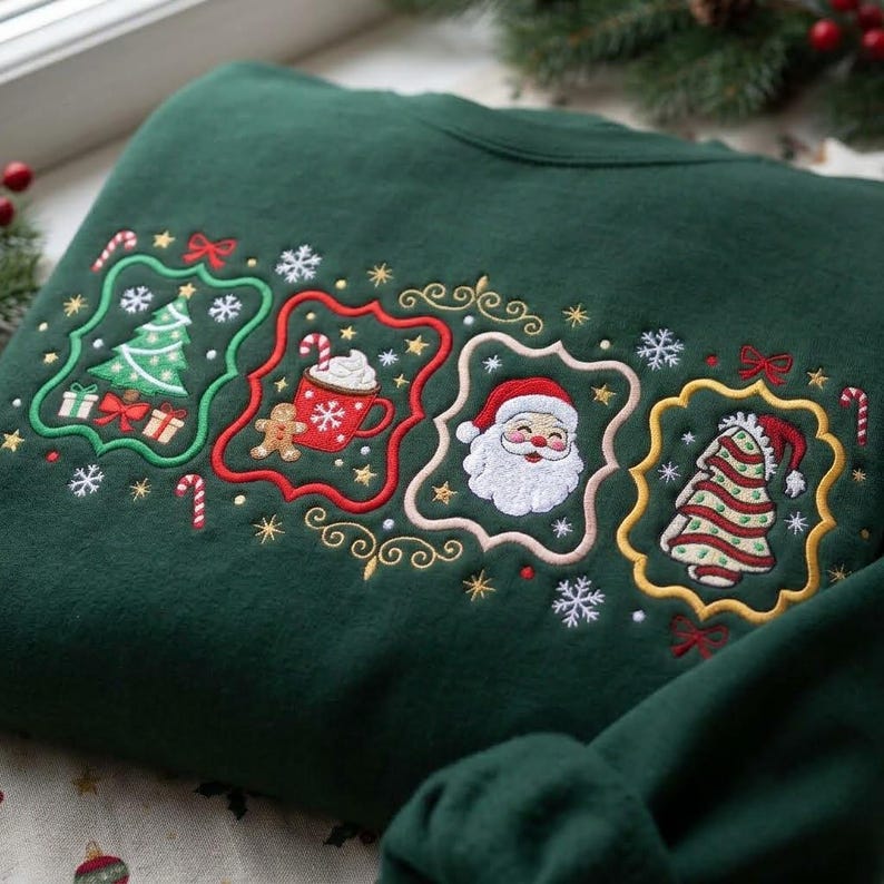 K&ouml;nnte beinhalten: Ein dunkelgr&uuml;nes Sweatshirt mit gestickten Weihnachtsmotiven in vier dekorativen Rahmen. Die Designs zeigen einen Weihnachtsbaum mit Geschenken, eine Tasse Kakao mit Lebkuchenmann, ein Gesicht vom Weihnachtsmann und einen gestreiften Strumpf.