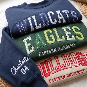 May include: Three crewneck sweatshirts stacked. The top navy blue sweatshirt features the word WILDCATS in patterned applique. The middle green sweatshirt displays EAGLES and EASTERN ACADEMY. The bottom beige sweatshirt shows BULLDOGS and EASTERN UNIVERSITY.