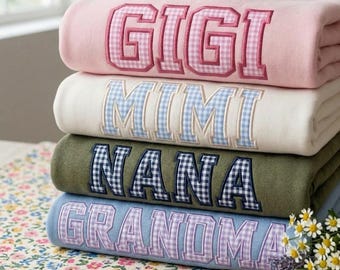 Sudadera con aplique bordado personalizado para abuela, camisa con aplique de cuadros Gigi Mimi Nana, regalo para el Día de la Madre, sudadera personalizada para abuela.