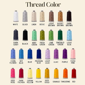 May include: A color chart of thread spools, each labeled with a color name. Colors include white, silver, beige, brown, black, green, blue, purple, pink, yellow, orange, and red. The text "Thread Color" is at the top.