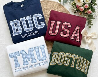 Embroidered Custom Varsity Letter Sweatshirt, Custom College Patchwork, University Gingham Applique Crewneck, Game Day Outfit