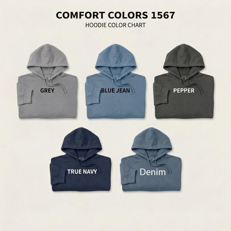 Peut inclure: Nuancier de sweats &agrave; capuche Comfort Colors 1567 pr&eacute;sentant cinq mod&egrave;les en gris, bleu jean, poivre, bleu marine et denim. Chaque sweat &agrave; capuche est dot&eacute; d'une capuche &agrave; cordon et de manches longues, avec le nom de la couleur inscrit en dessous.