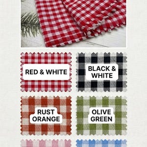 May include: A color chart showcasing Caro Gingham fabric swatches in various colors. The chart includes red and white, black and white, rust orange, olive green, blush pink, baby blue, mustard yellow, and light grey gingham patterns.