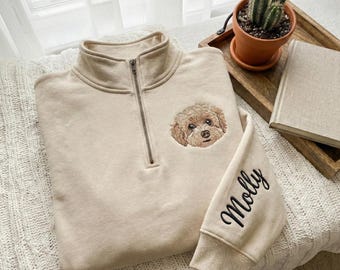 Embroidered Custom Pet Portrait Quarter Zip Sweatshirt, Personalized Dog Face Shirt With Name, Pet Embroidered Crewneck, Pet Lover Gift