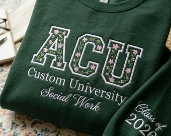 Embroidered Custom Floral Letter Sweatshirt, Personalized University College Crewneck, Sorority Apparel, Varsity College Name Shirt