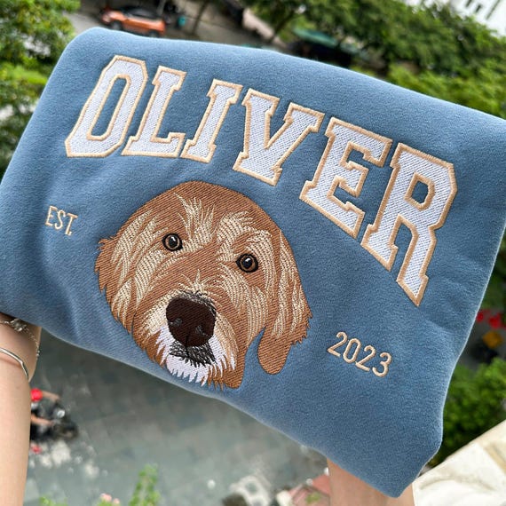 Custom Pet Portrait Embroidered Sweatshirt, Embroidered Dog Varsity Crewneck, Custom Dog Face Embroidered Hoodie From Photo