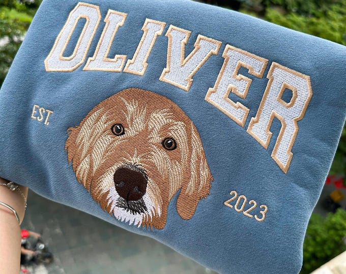Custom Pet Portrait Embroidered Sweatshirt, Embroidered Dog Varsity Crewneck, Custom Dog Face Embroidered Hoodie From Photo