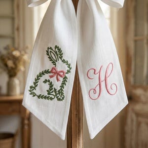 Embroidered Greenery Bunny Embroidered Wreath Sash, Personalised Monogram Front Door Bow, Floral Bunny Sash, Spring Easter Door Decor image 2