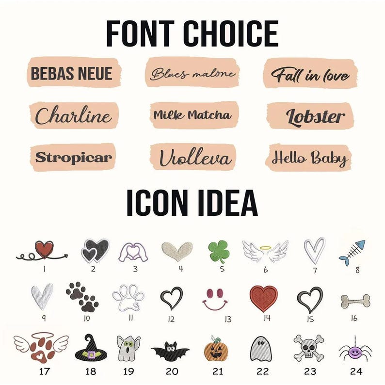 May include: An image featuring the text "FONT CHOICE" and "ICON IDEA", showcasing different font styles and icon designs. The icons include hearts, paws, and Halloween-themed illustrations. The fonts are displayed on rectangular beige backgrounds.