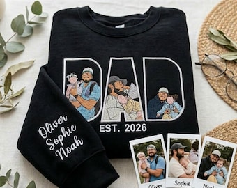 Embroidered Custom Dad Portrait Sweatshirt, Father’s Day Shirt, Personalized Dad Photo With Name On Sleeve, Gift for Dad