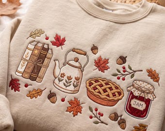 Embroidered Autumn Fruit Jam Sweatshirt, Cozy Fall Teapot Crewneck, Thanksgiving Pie Shirt, Cottagecore Gift