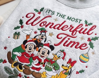 Embroidered Mouse And Friends Christmas Mock Neck Sweatshirt, Magical Land Holiday Shirt, Vintage Most Wonderful Time Crewneck