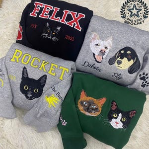 Custom Embroidered Pet Sweatshirt From Your Photo, Embroidered Dog Cat Face Crewneck, Pet Custom Face Embroidered Sweatshirt, Gift For Her