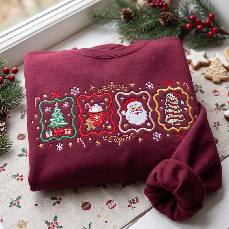 K&ouml;nnte beinhalten: Ein kastanienbraunes Sweatshirt mit vier gestickten rechteckigen Rahmen mit gewelltem Rand. Die Motive zeigen einen Weihnachtsbaum mit Geschenken, eine Tasse hei&szlig;e Schokolade mit einem Lebkuchenmann, ein Weihnachtsmann-Gesicht und einen geschm&uuml;ckten Baum.