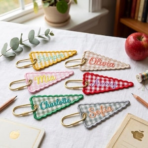 Embroidered Custom Pennant Name Keychain, Personalized Gingham Patch Key Ring, Backpack Name Tag, Colorful Bag Charm, Teacher Gift