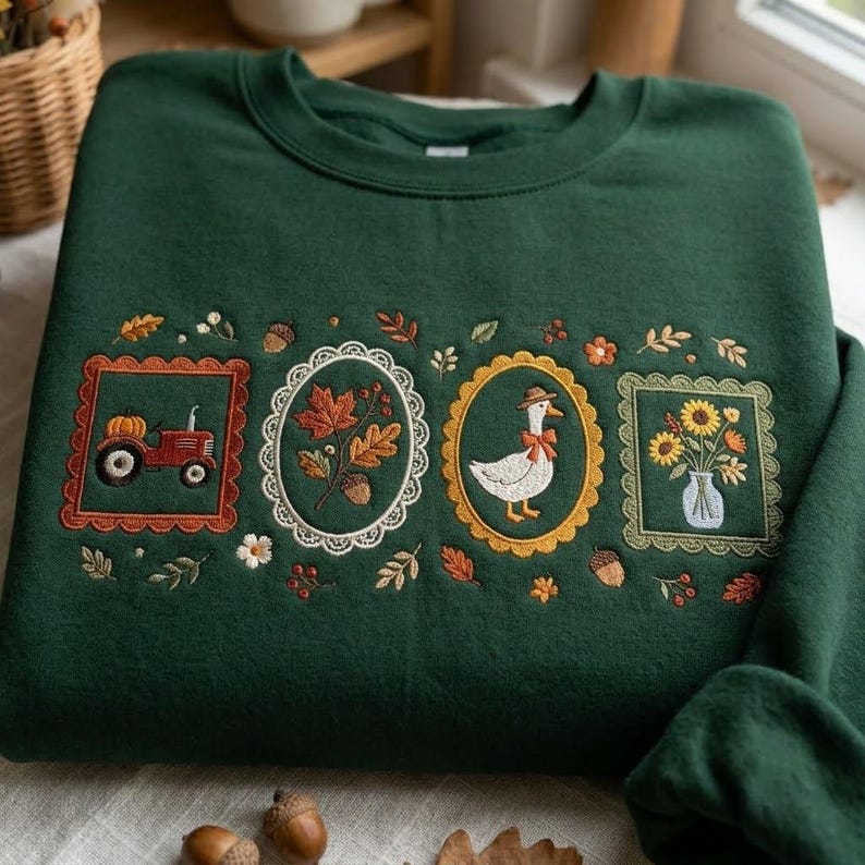 May include: A dark green crewneck sweatshirt featuring four embroidered rectangular and oval frames. The designs include a red tractor with a pumpkin, autumn leaves with an acorn, a white goose wearing a hat and bow, and a vase of sunflowers.